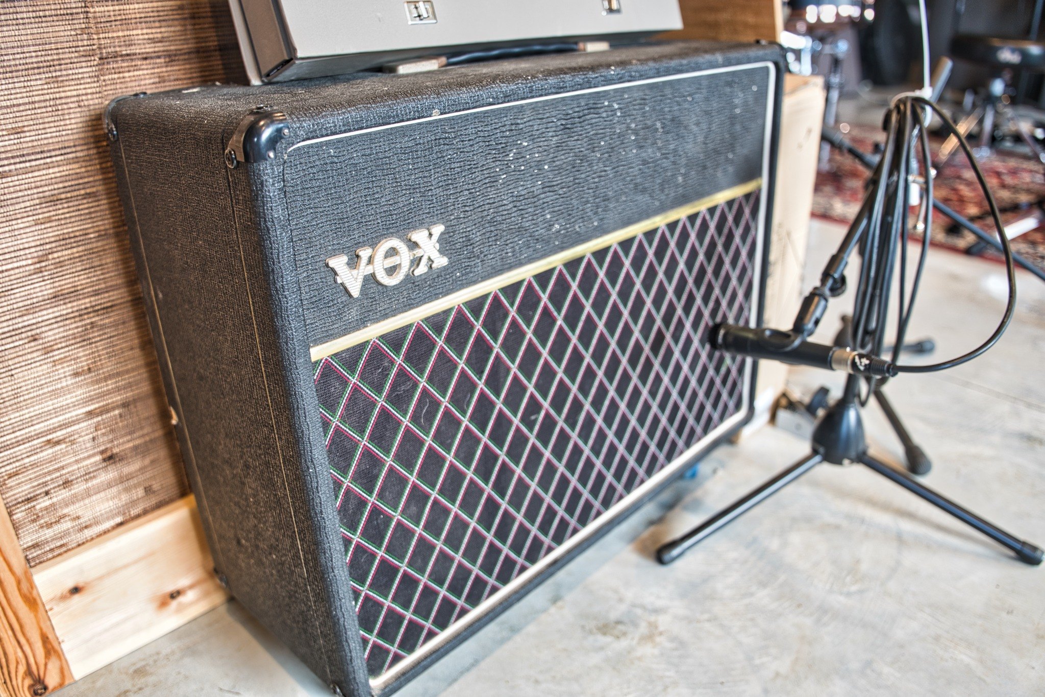 Vox guitar amplifier miked for recording at Pound House Productions